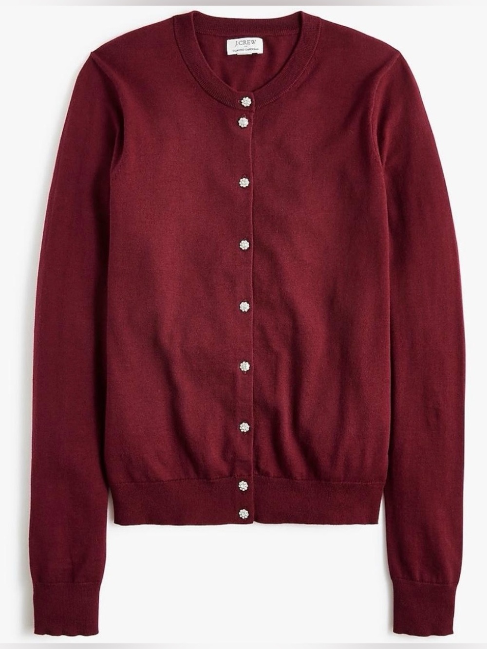 J. Crew Maroon Rhinestone Button Classic Long Sleeve Cardigan